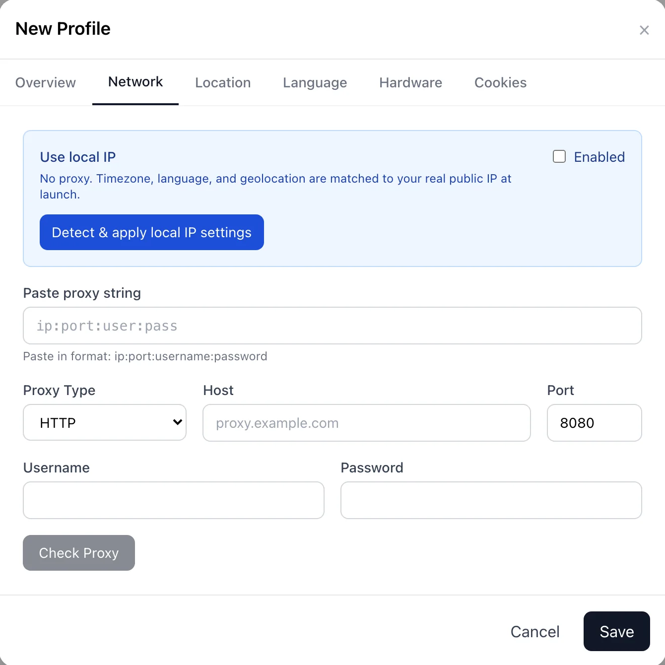 Network tab with Local IP mode, proxy string, proxy type, host, port and credentials