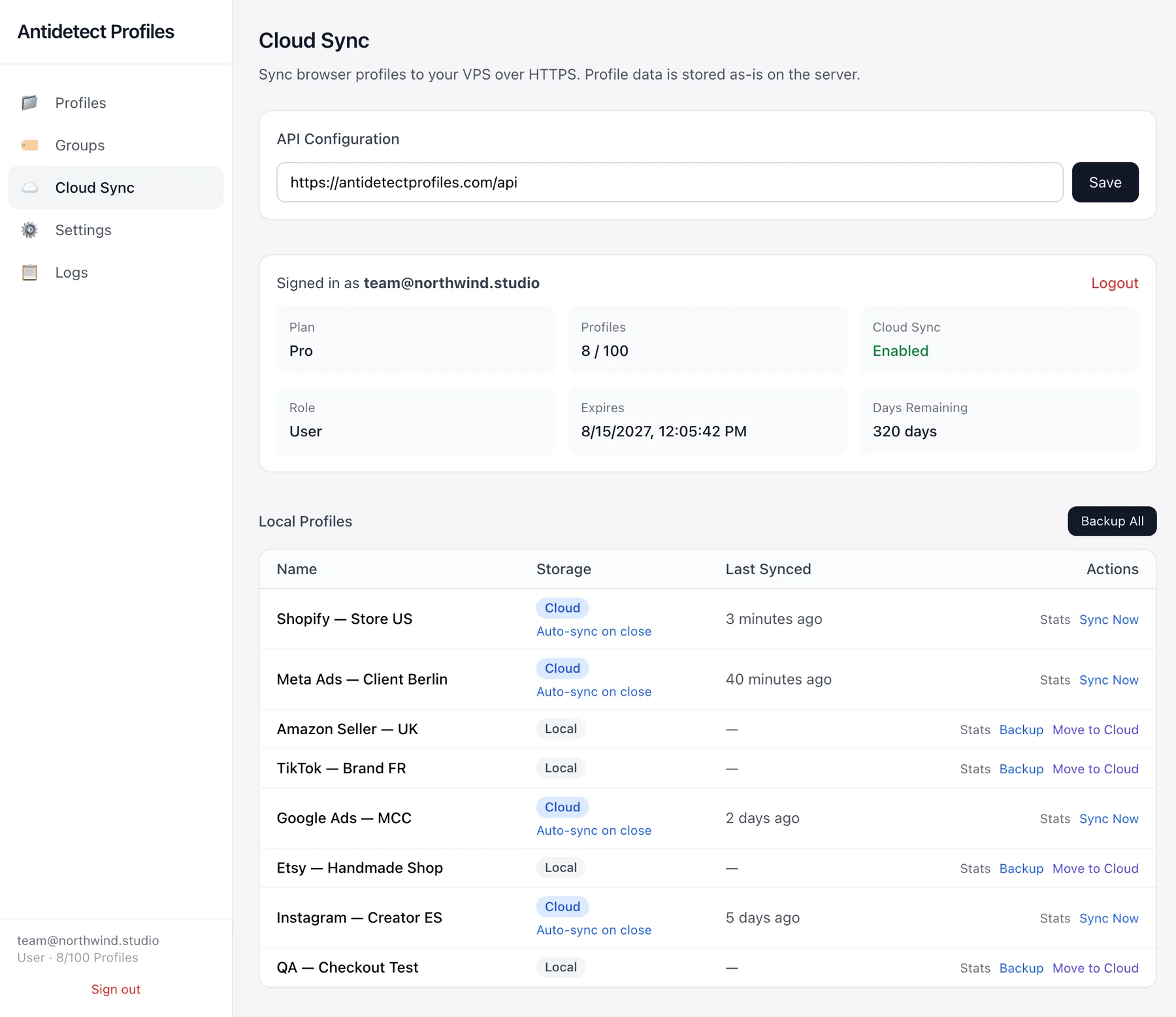 Cloud Sync screen showing plan, profile usage and sync status for each profile